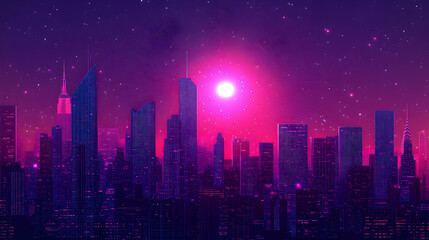 Fototapeta premium A Digital Illustration of a City Skyline at Night with a Bright Pink Sun