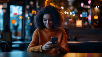 Illustrate a young woman sitting in a cozy cafÃ©, engaged with her smartphone, with social media icons and notifications floating around her to emphasize the vibrant online communit