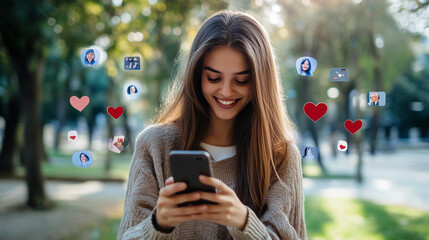 Depict a young woman in a park, smiling as she uses her smartphone, surrounded by visual elements representing social media interactions, such as likes, comments, and shares young