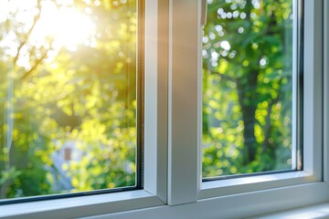 New plastic PVC window with white metal frame installed at modern house, view of blurred green trees, blue sky. Advertising. Typical installation of insulated glazing windows with uPVC window frames. © Marina Demidiuk
