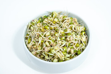 Bowl of sprouted mung beans (Vigna radiata) with small roots for eating. White background. Close up.