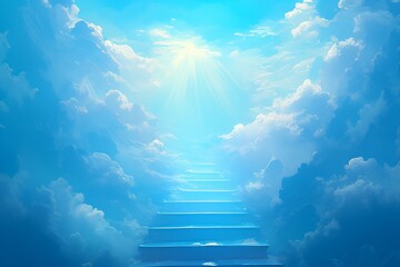 Ethereal staircase ascending into a blue sky surrounded by white clouds, bathed in bright sunshine, evoking a dreamlike atmosphere of hope and serenity.