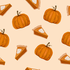 Hand drawn halloween pumpkins and pumkin pie autumn seamless pattern. Cute seasonal fall background design