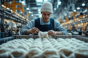 A factory worker inspecting wool threads as they feed into a loom, with the industrial machinery and vast production floor softly blurred behind.