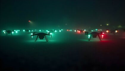 Drones illuminate the night sky with colorful LED lights amidst foggy conditions