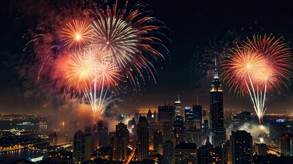 City Skyline Festival Display Over a Colorful Fireworks Celebration Lighting Happy New Year.