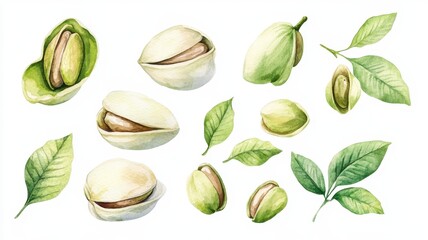Watercolor illustration of Pistachios nuts isolated on white background,Watercolor hand drawn illustration,Hand drawn nuts,hand drawn set design template for packaging,for menu cafe,copy space.