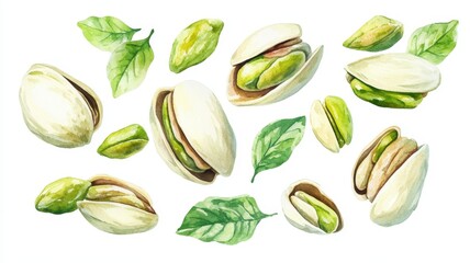 Watercolor illustration of Pistachios nuts isolated on white background,Watercolor hand drawn illustration,Hand drawn nuts,hand drawn set design template for packaging,for menu cafe,copy space.