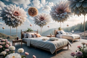 A surreal 3D illustration of two beds placed in a whimsical landscape of giant flowers, creating a dreamy and fantastical atmosphere. The beds are adorned with soft bedding, and the scene evokes a