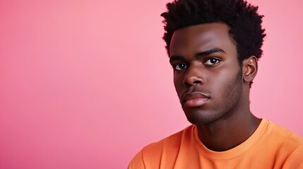 Portrait of a jaded young black man isolated on a plain pink background, with copy space.