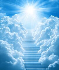  stairway to heaven with radiant sun rays, blue sky, and white clouds