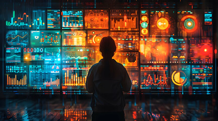 Silhouette of Person in Front of Large Display of Digital Data Illustration