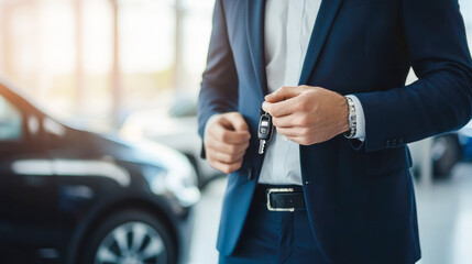 Salesman handing over your new car keys, dealership and sales concept, new car on background, advertising for rent or sales. New car owner holding key in car showroom. Special offer, electric car sale