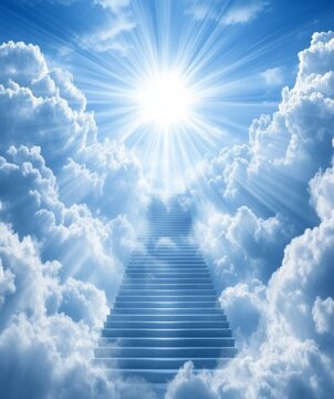 stairway to heaven with radiant sun rays, blue sky, and white clouds