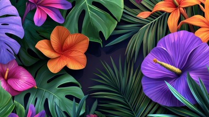 Naklejka premium Automatically generated pattern with tropical leaves and hibiscus flowers