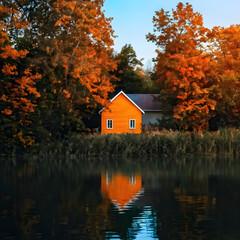 Sunset over the lake in autumn colors