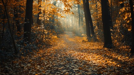 Obraz premium A winding path through a dense forest, adorned with vibrant yellow and orange leaves. Sunlight filters through the branches, casting a golden glow on the fallen leaves