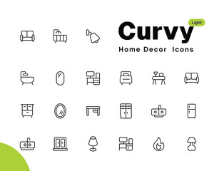 Luxury Home & Office Furniture Icon Collection - Sofa, Chair, Table, Bed, Shelves, and Interior Decor in Modern Vector Outline Design