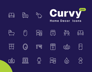 Modern House Furniture & Interior Outline Icon Set - Sofa, Chair, Table, Cabinet, Kitchen, Office, Decor, Lamp, TV, Shelves, and More for Home Design & Decor Illustrations