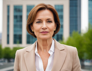 Portrait of a mature middle-aged caucasian european woman in suit outdoors with a blurry business center in backdrop