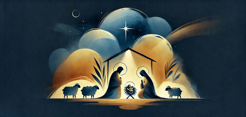 Watercolor painting representing Nativity scene in Bethlehem.Christmas scene illustration showing holy family baby Jesus in the manger Joseph and Mary.Blue Wallpaper or banner copy space
