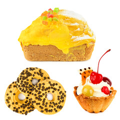 Lemon cake, honey cookies, fruit pie isolated on white. Collage.