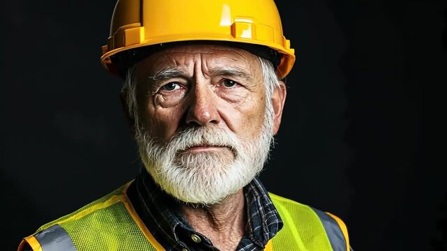 Senior construction worker with safety helmet dark background