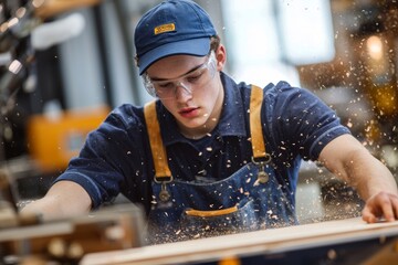 Young man in blue cap and navy shirt focused on carpentry using table saw with safety glasses precision woodwork sawdust flying serious expression workshop environment