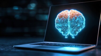A laptop displaying a glowing brain illustration, symbolizing artificial intelligence and digital innovation.