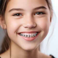 Obraz premium A young girl wearing braces is happily smiling for the camera