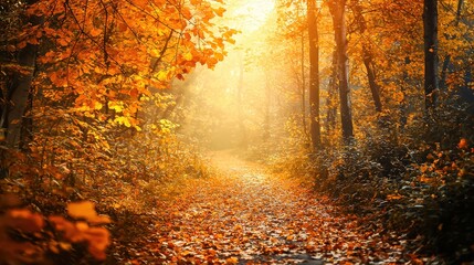 Fototapeta premium A winding path through a dense forest, adorned with vibrant yellow and orange leaves. Sunlight filters through the branches, casting a golden glow on the fallen leaves
