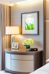 Bedroom decor, comfort bed and bedside table