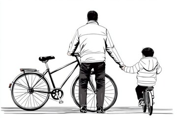 Obraz premium Drawing of a father and son riding bicycles together. Black linear sketch isolated on white.