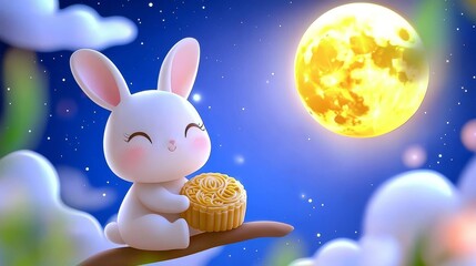 Mooncakes are held in the hands of a cute rabbit on an osmanthus tree, with a full moon hanging high in the night sky, commemorating the Mid-Autumn Festival.