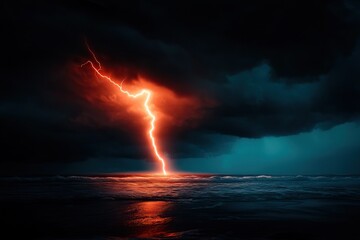 Obraz premium A dramatic scene showcasing a powerful lightning strike illuminating dark storm clouds over a turbulent ocean, reflecting a fierce energy of nature.