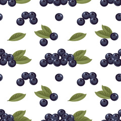 Seamless pattern with blueberry berries and leaves on white background. Fruit background, packaging illustration