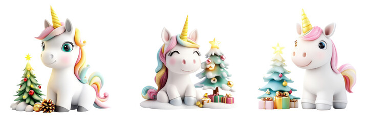 Fototapeta premium Three colorful unicorn figurines surrounded by festive Christmas trees and gifts, perfect for holiday decorations.