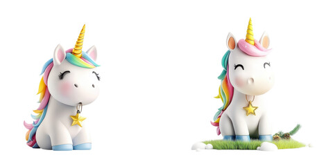 Two adorable cartoon unicorns with colorful manes and stars, perfect for children's illustrations and magical themes. © Navaporn