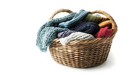 A wicker basket overflowing with colorful knit sweaters isolated on a white background.