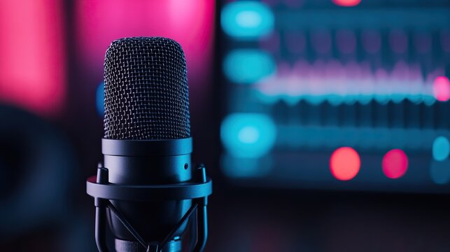 Close-up of a professional microphone with a vibrant background of sound equipment, capturing the essence of audio production.