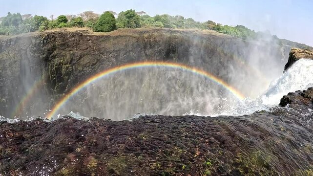 View from the top of Victoria Falls in the Devils Pool, looking over the edge. Victoria Falls is a waterfall on the Zambezi River, located on the border between Zambia and Zimbabwe.