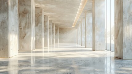 Fototapeta premium An empty gallery with white pillars and walls, a blank canvas, light floor, and soft shadows, conveying a modern and clean design. 3D Rendering 