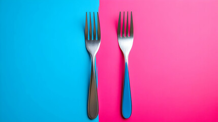 Two Forks, One on Blue and One on Pink, Minimalist  Photography of Kitchen Utensil in Bright Colors