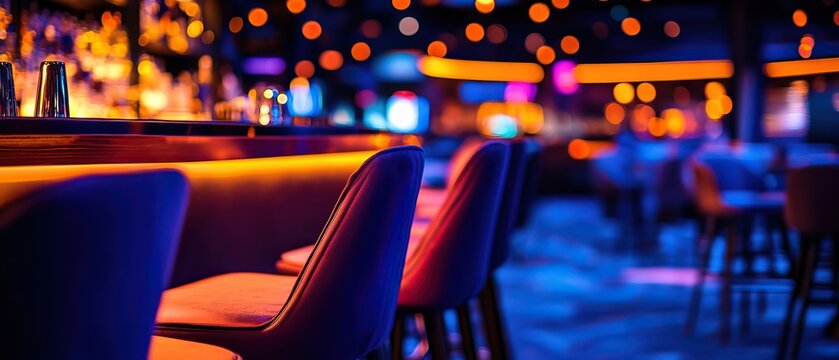 Vibrant bar interior showcasing stylish seating and colorful lighting, creating an inviting atmosphere for social gatherings and nightlife.