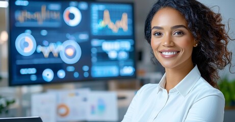Fototapeta premium In the background is an image of financial data processing over the head of an African-American businesswoman