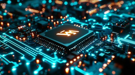 Obraz premium Eco battery symbol on a microchip. White neon data flows between battery and user over a futuristic motherboard.
