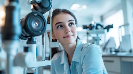 Fototapeta premium Young Woman Smiling in Eye Doctor's Office with Ophthalmoscope Equipment Bright Sterile Environment Light Blue Shirt Expressing Positive Emotions During Eye Examination