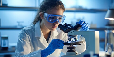Dedicated young female scientist in black lab coat and blue gloves examining sample under microscope in modern laboratory with advanced technology focused on research.