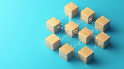 3D rendering of A Social Media Technology Concept on a Wooden Block. User Network Connections are displayed with White String on a Blue Background.