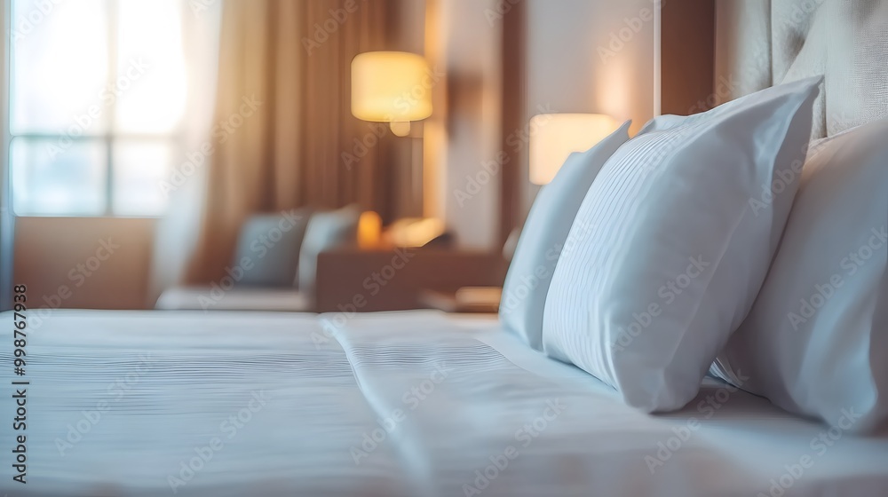 Poster a closeup photo of a neatly made bed with crisp white linens and a single pillow in a minimalist bed
